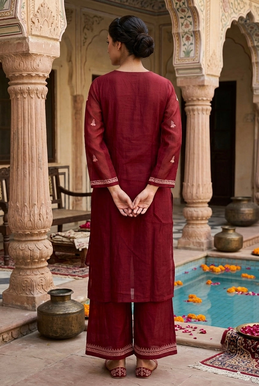 Shaina Chikankari Kurta Set - Wine