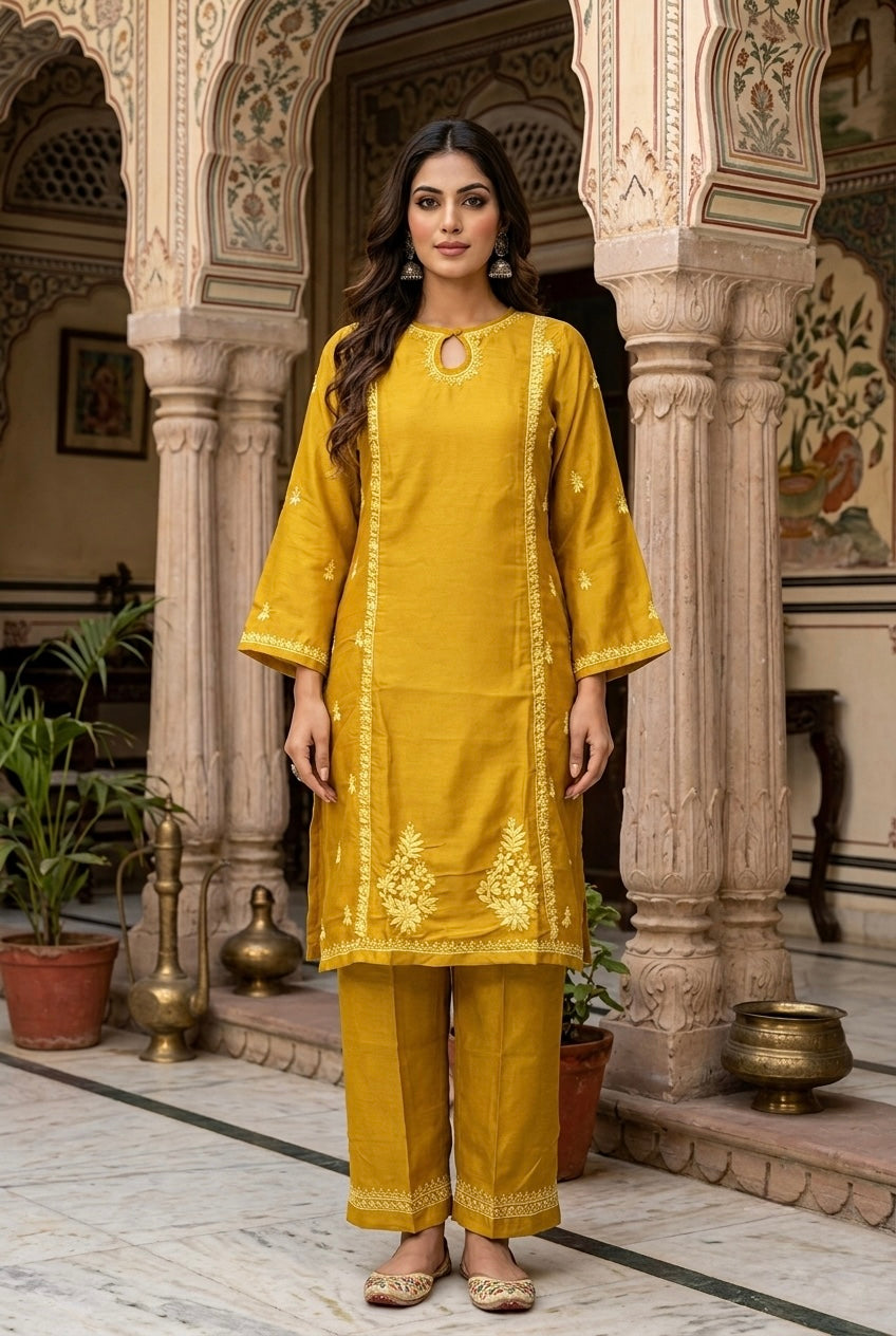 Shaina Chikankari Kurta Set- Yellow