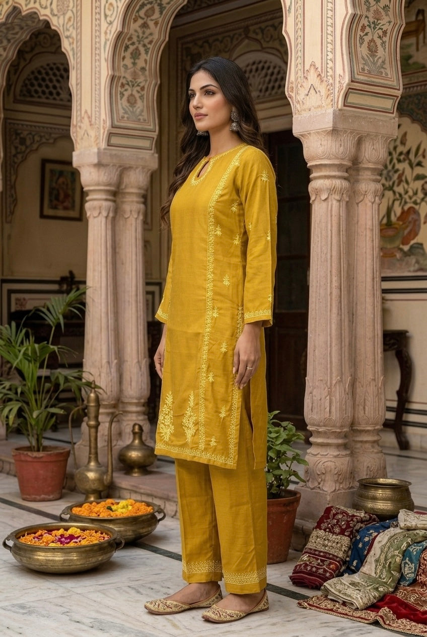 Shaina Chikankari Kurta Set- Yellow