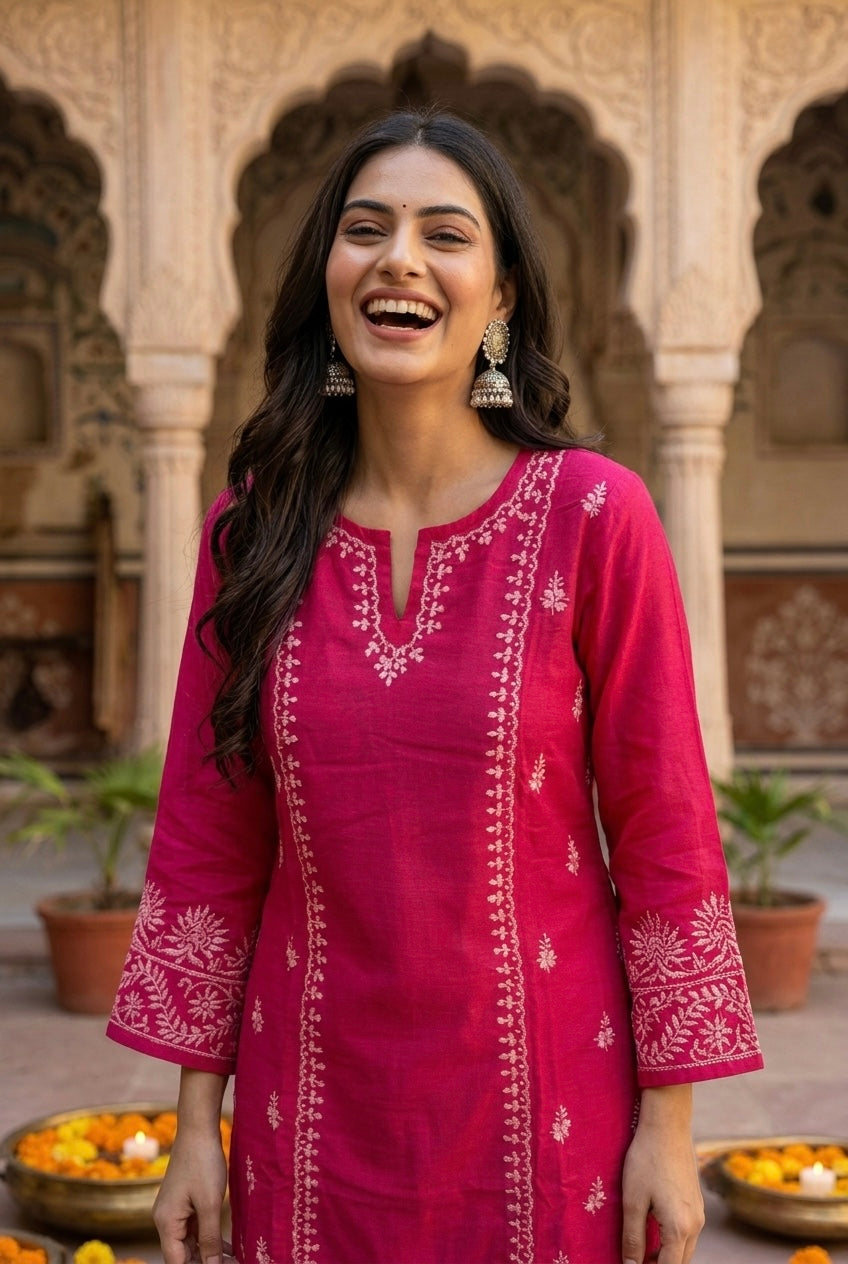 Rubika Chikankari Kurta Set- Pink