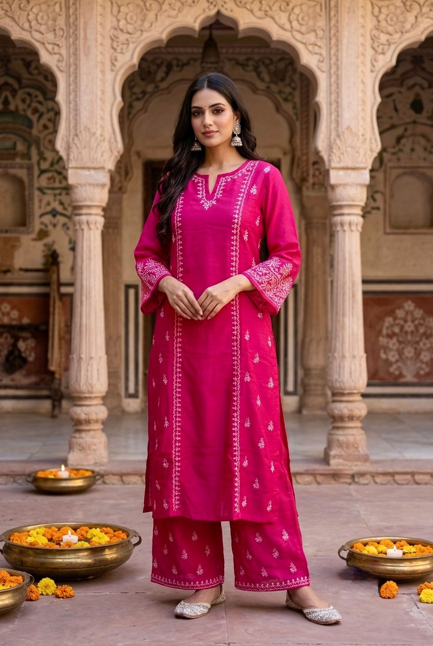 Rubika Chikankari Kurta Set- Pink