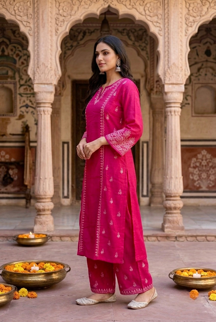 Rubika Chikankari Kurta Set- Pink
