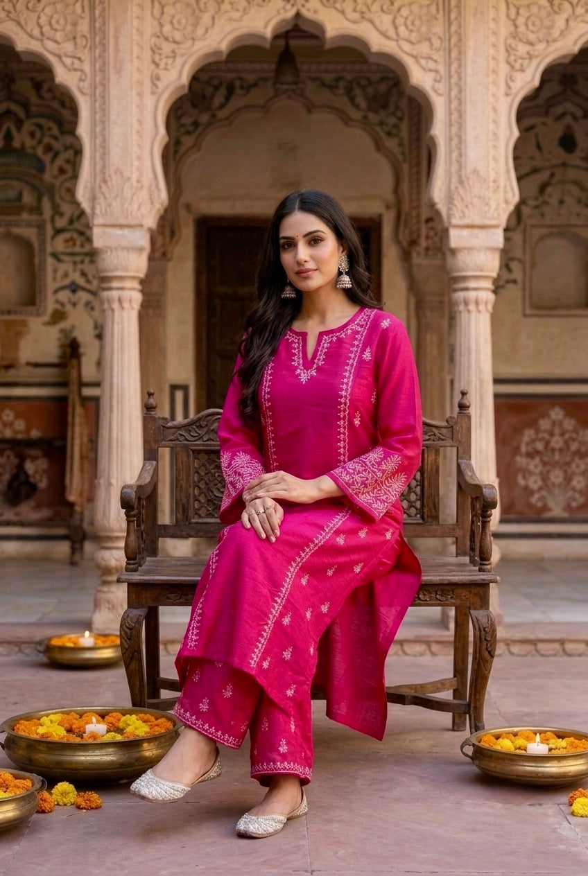 Rubika Chikankari Kurta Set- Pink