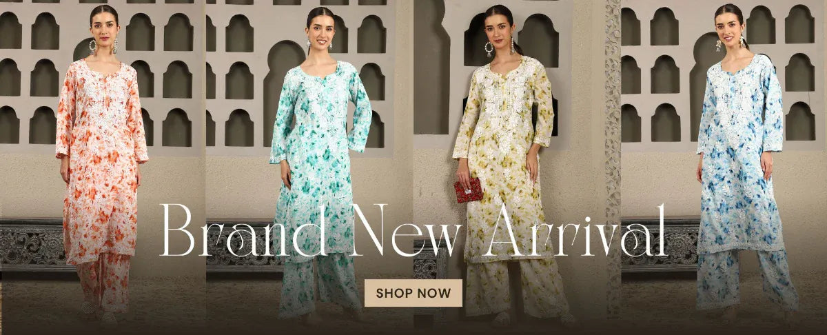 Four women in floral outfits with 'Brand New Arrival' text and 'Shop Now' button.