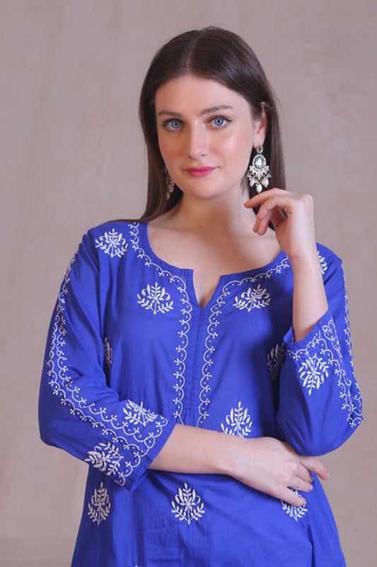 Mahua Chikankari Embroidered On Blue Kurta