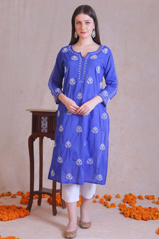 Mahua Chikankari Embroidered On Blue Kurta