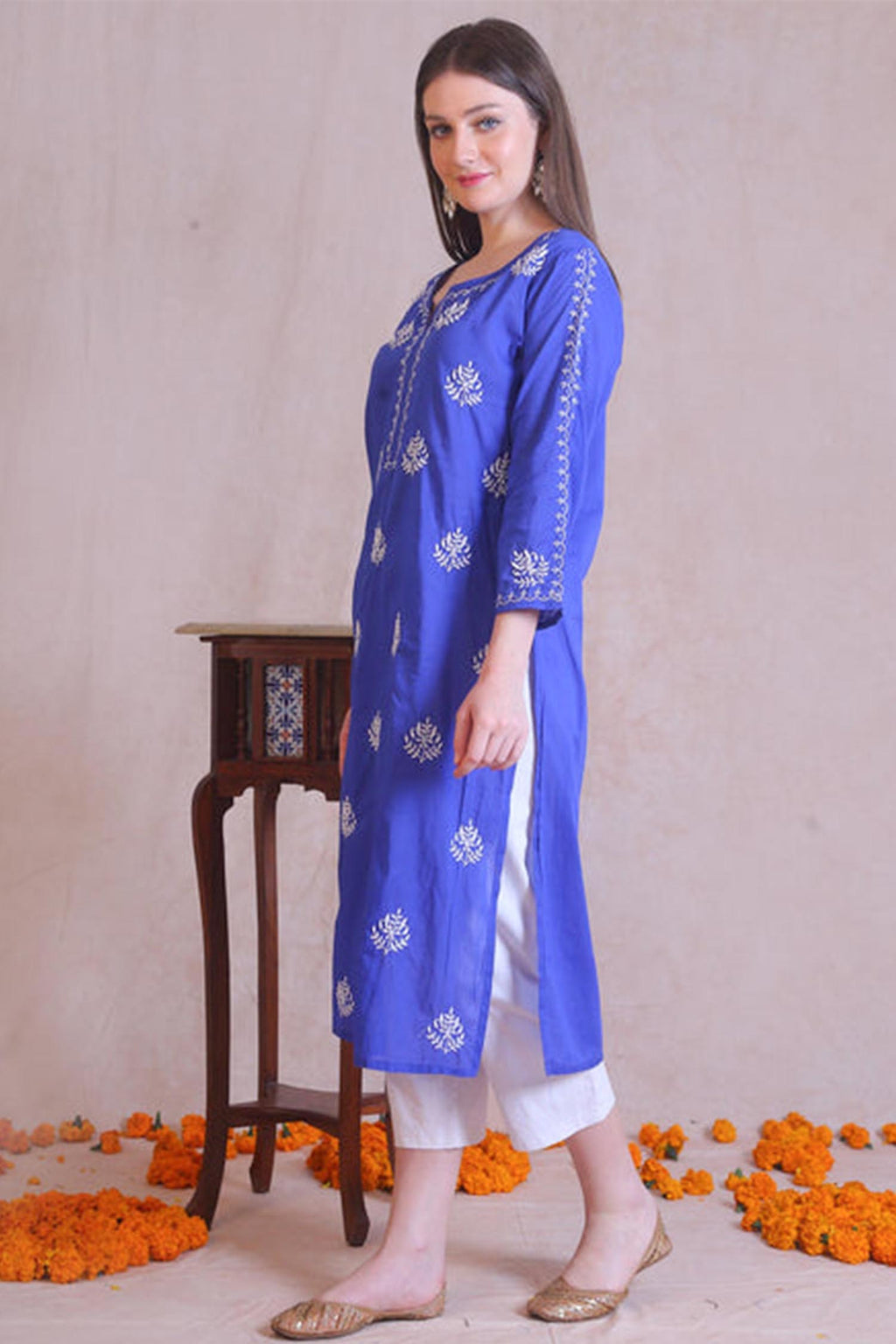 Mahua Chikankari Embroidered On Blue Kurta