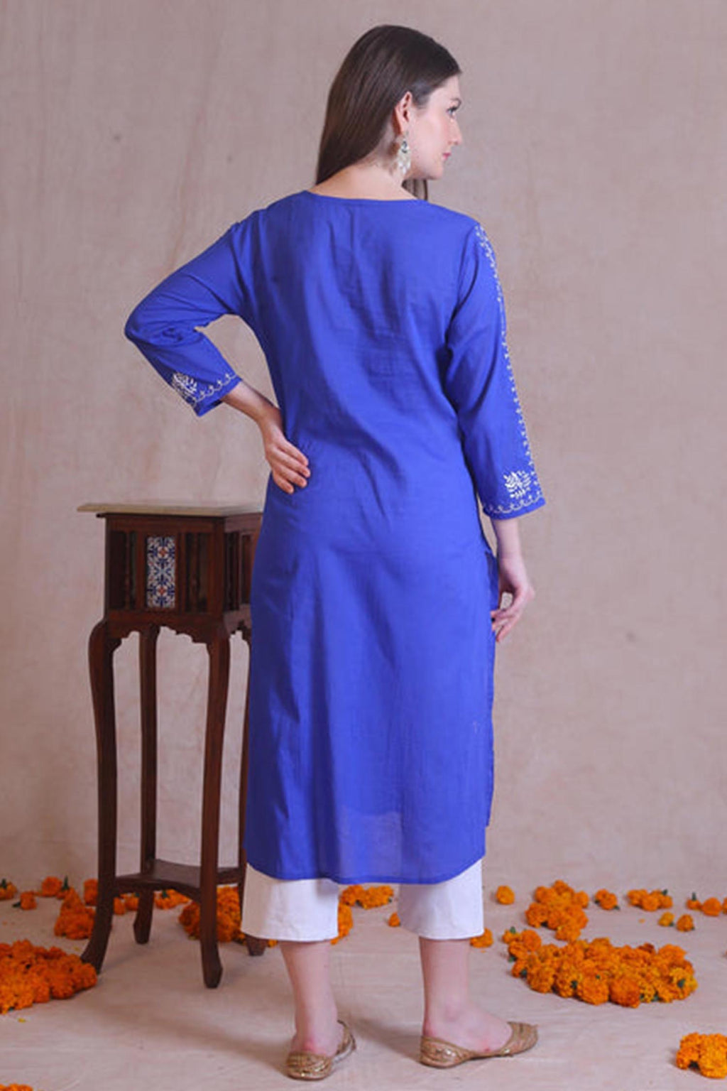 Mahua Chikankari Embroidered On Blue Kurta