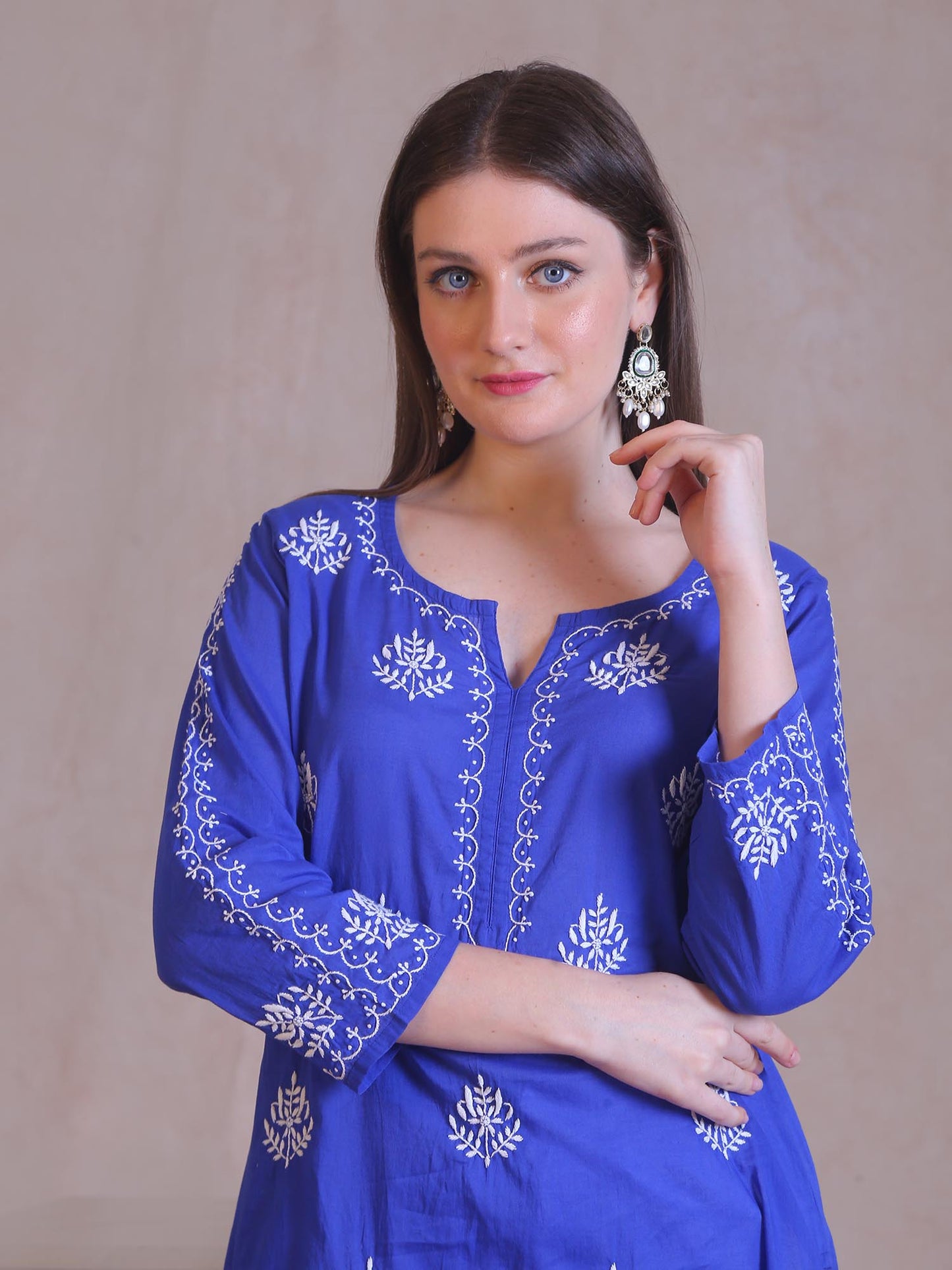 Mahua Chikankari Embroidered On Blue Kurta