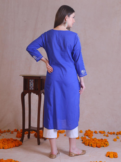 Mahua Chikankari Embroidered On Blue Kurta