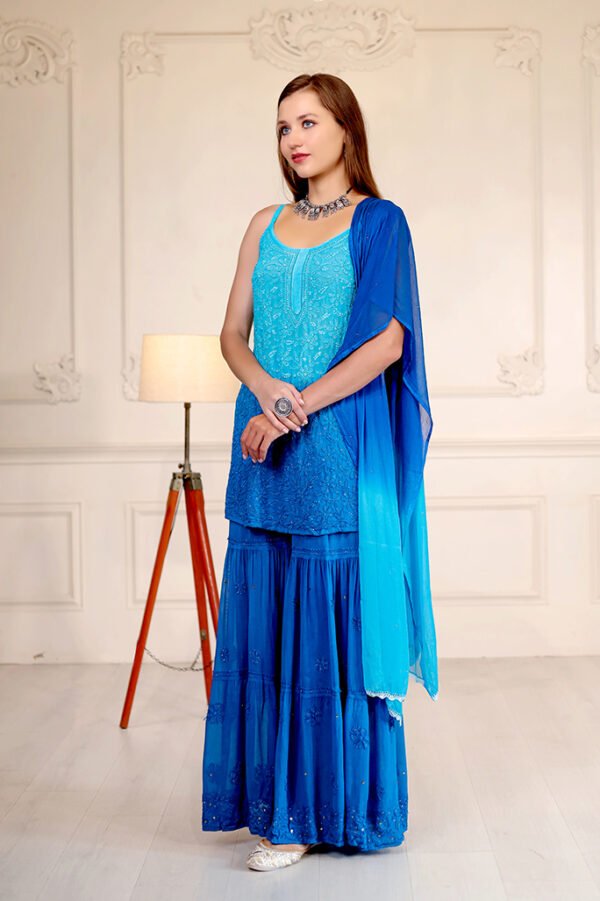 Royal Blue Chikankari Ombre Sharara Set - Image 2