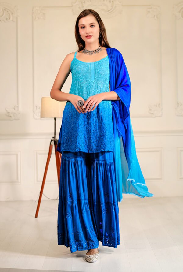 Royal blue georgette Sharara set, adds a touch of sparkle to the rich, flowing fabric.