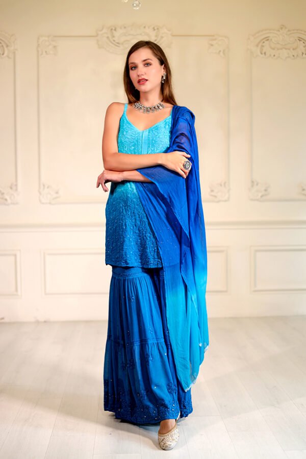 Royal Blue Chikankari Ombre Sharara Set - Image 3