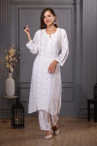 White delicate pintuck detailing and heavy floral jaal embroidery.