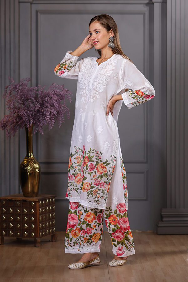 Multicoloured Chikankari Cotton Kurta Set With Kashmiri Embroidery - Image 3