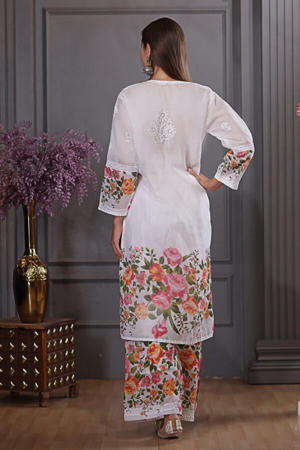 Multicoloured Chikankari Cotton Kurta Set With Kashmiri Embroidery - Image 4