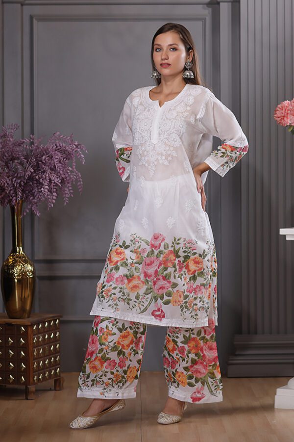 Multicoloured Chikankari Cotton Kurta Set With Kashmiri Embroidery - Image 5