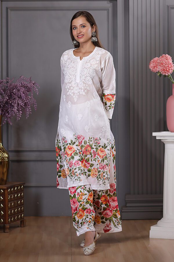 Multicoloured Chikankari Cotton Kurta Set With Kashmiri Embroidery - Image 6