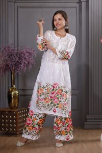 Multi coloured floral print muslin kurta with pant