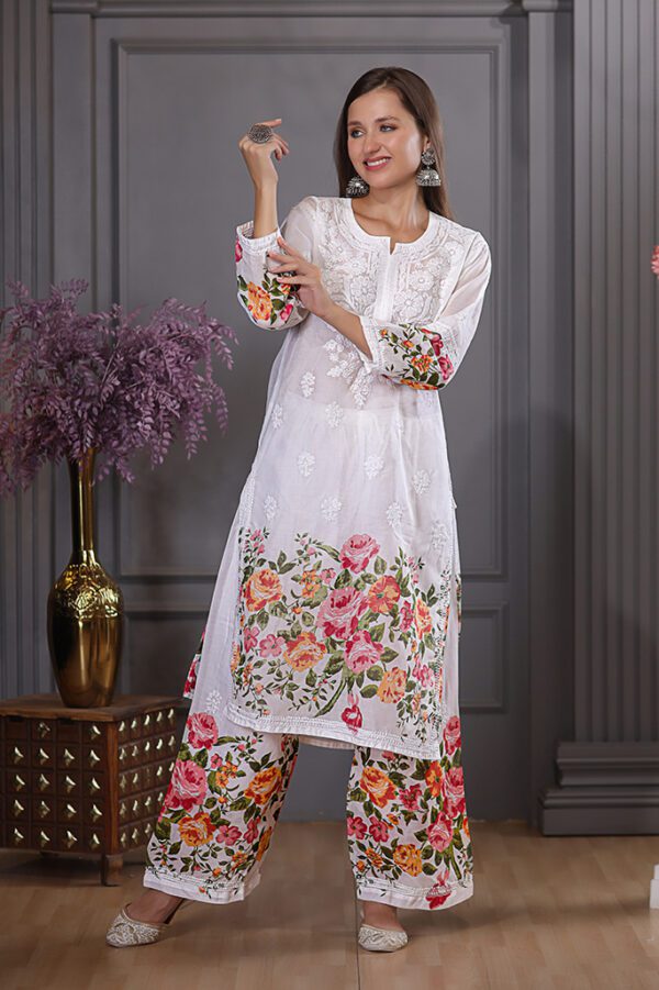 Multi coloured floral print muslin kurta with pant