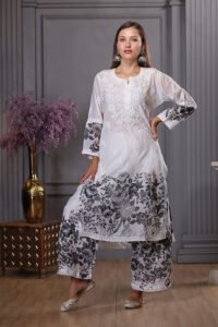 Black and white floral print muslin kurta with pant