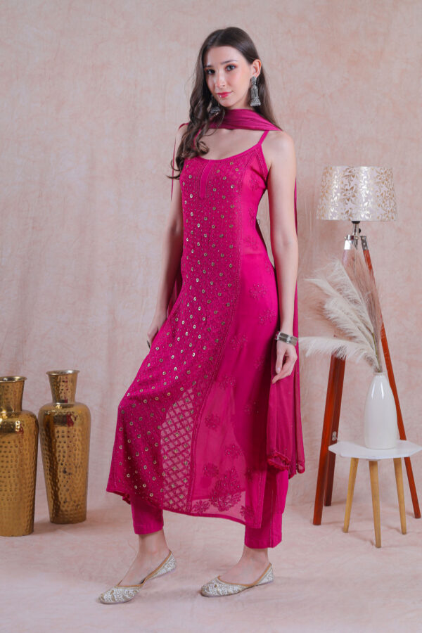 Hot pink viscose resham thread chikankari and sparkling ring mukaish.