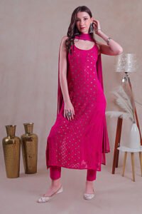 Hot pink viscose resham thread chikankari and sparkling ring mukaish.