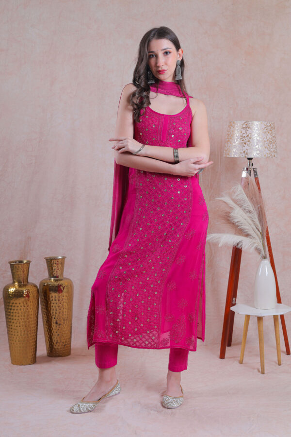 Hot Pink Ring Mukaish Chikankari Kurta Set - Image 3