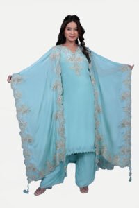 Blue cape set with kurta and palazzo Subtle blue color with heavily embellished cape.