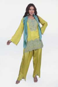 Yellow co-ord set with pants and blue scarf. Yellow co-cord set with seashells and mirror work detailing on the neck.