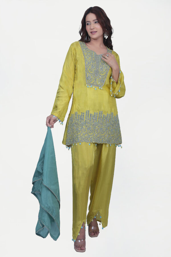 Yellow Short Kurti Co-ord Set With Pant And Blue Scarf - Image 3