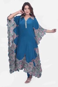 Blue kaftan set is modern with a blend of traditional. this is designed with pure resham thread work with a touch of traditional elegance.