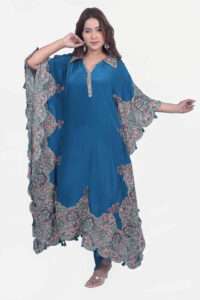 Blue kaftan set is modern with a blend of traditional. this is designed with pure resham thread work with a touch of traditional elegance.