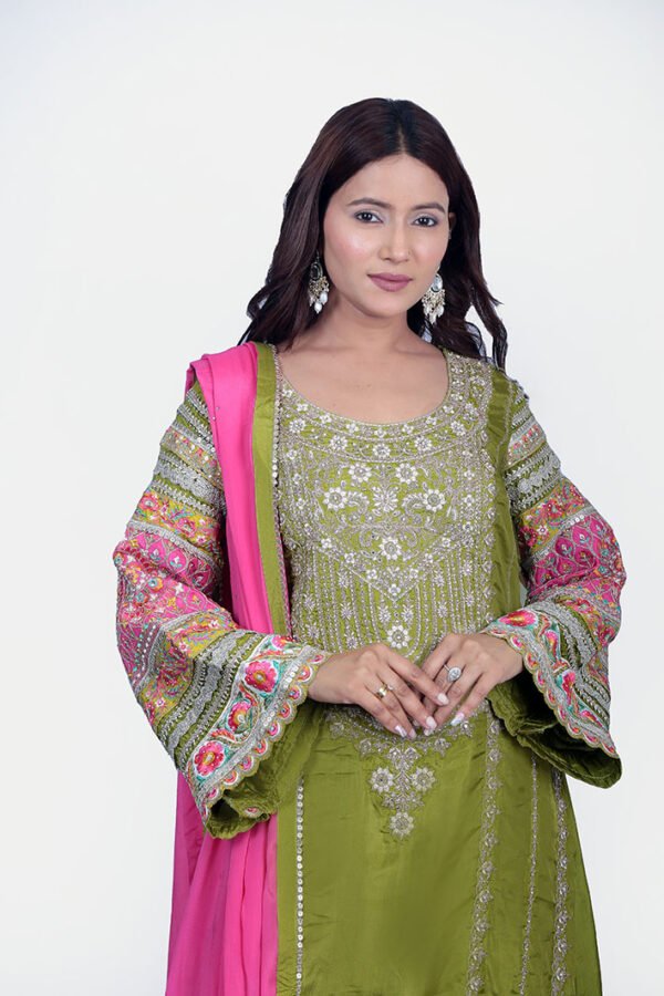 Green Palazzo Set With Pink Dupatta And Bell Sleeve - Image 6