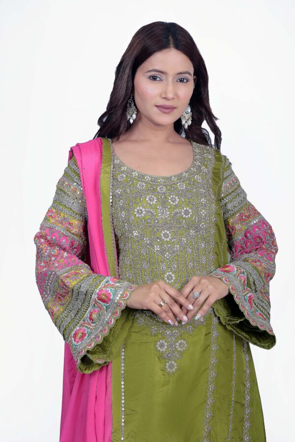 Green Palazzo Set With Pink Dupatta And Bell Sleeve - Image 2