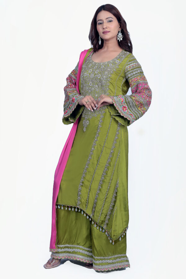 Green Palazzo Set With Pink Dupatta And Bell Sleeve - Image 3