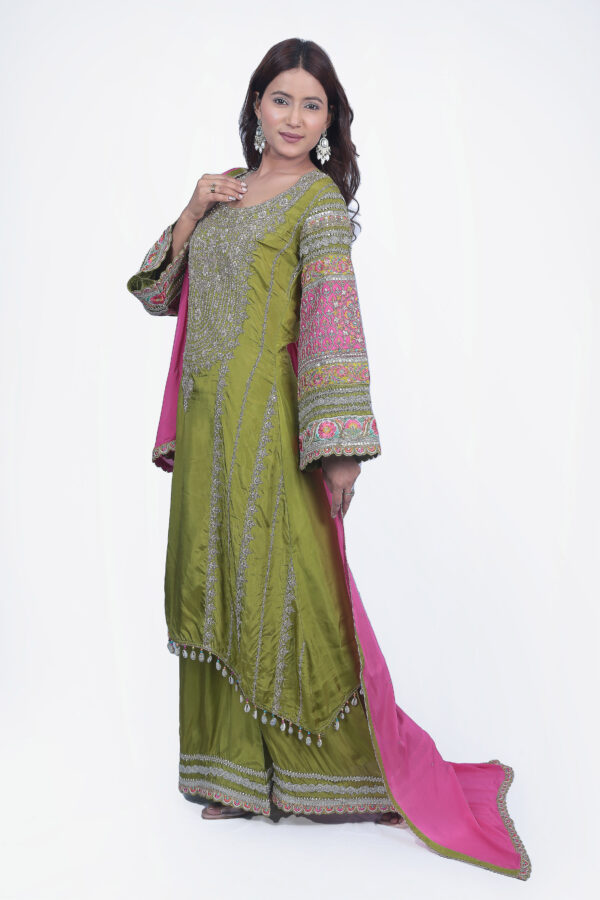 Green Palazzo Set With Pink Dupatta And Bell Sleeve - Image 4