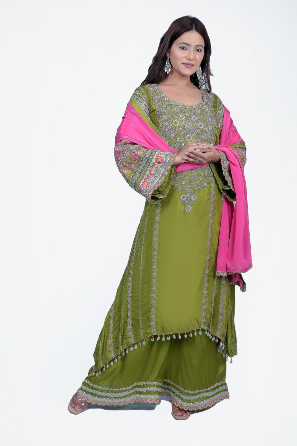 suit is crafted with premium silk fabric. heavily embroidered kurta set with palazzo.