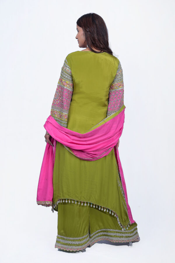 Green Palazzo Set With Pink Dupatta And Bell Sleeve - Image 5