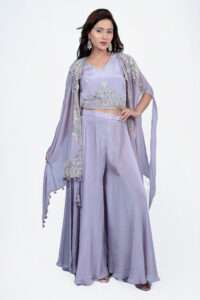 Lavender thread work top with sharara set. The palazzo pant and jacket set is designed with pure viscose fabric.