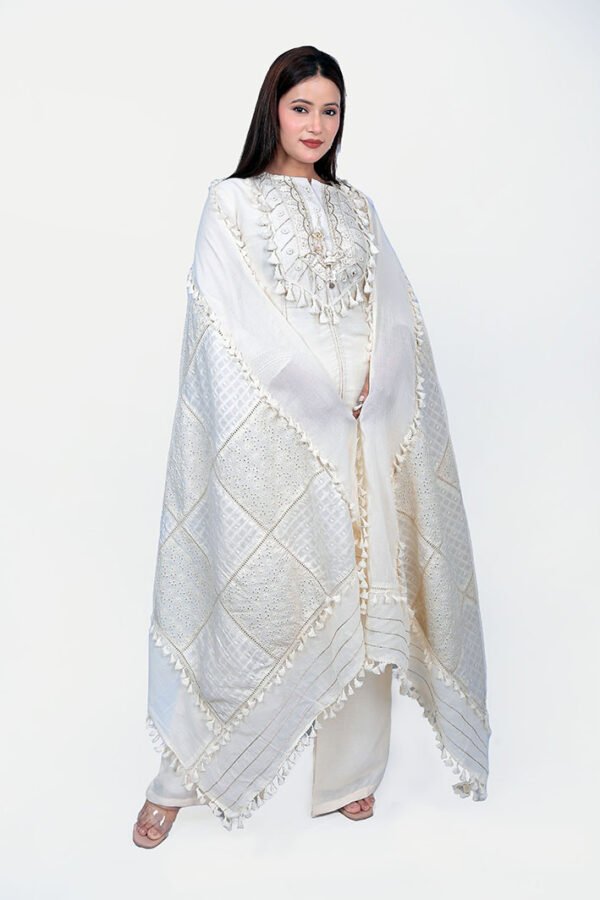 Egg White Kurta Set With Palazzo And Dupatta - Image 2