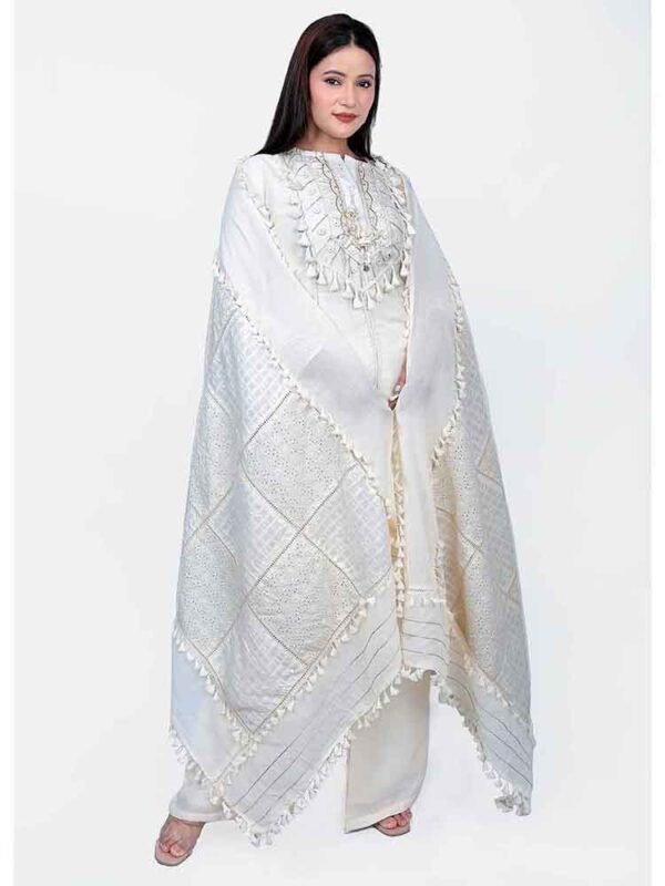 Egg White Kurta Set With Palazzo And Dupatta - Image 3