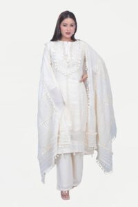 White kurta set with palazzo and dupatta. Designed with classy embroidery.