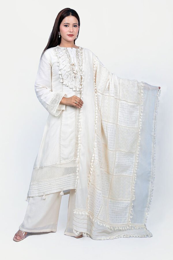 Egg White Kurta Set With Palazzo And Dupatta - Image 7