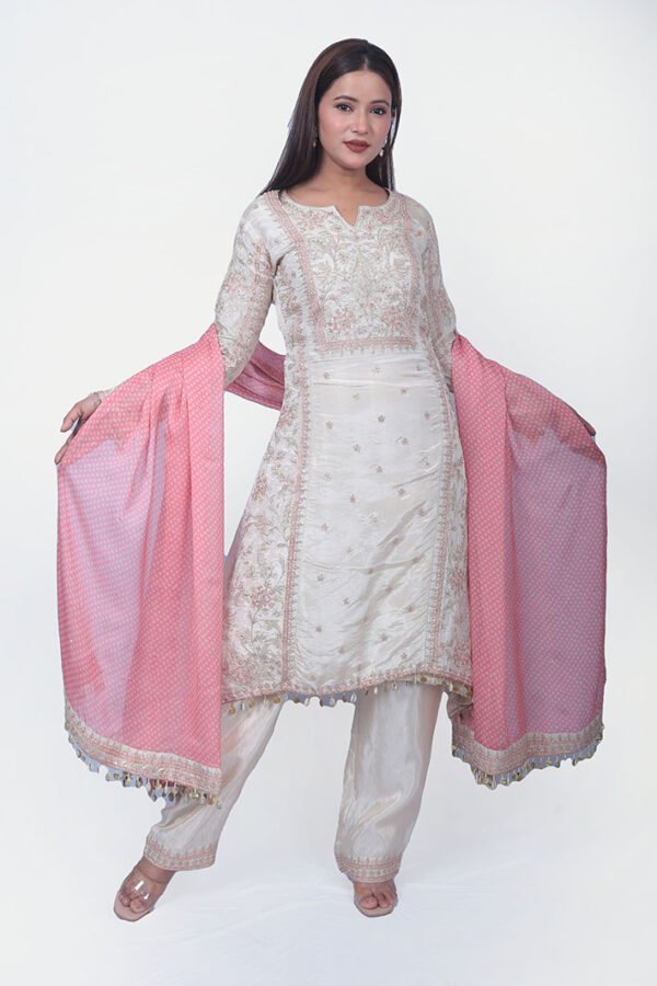 Off White Embellished Kurta Set With Dupatta - Image 2