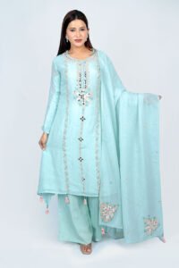 Sea Green kurta set with mirror and pearlwork. exclusive white pearl work that adds shimmer to a vibrant mirror work.