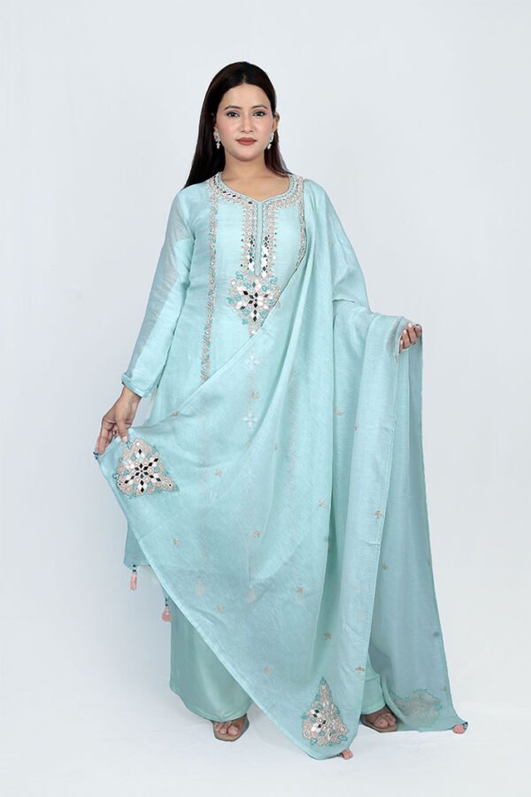 Sea Green Kurta With Palazzo and Dupatta - Image 2