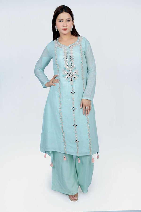 Sea Green Kurta With Palazzo and Dupatta - Image 4