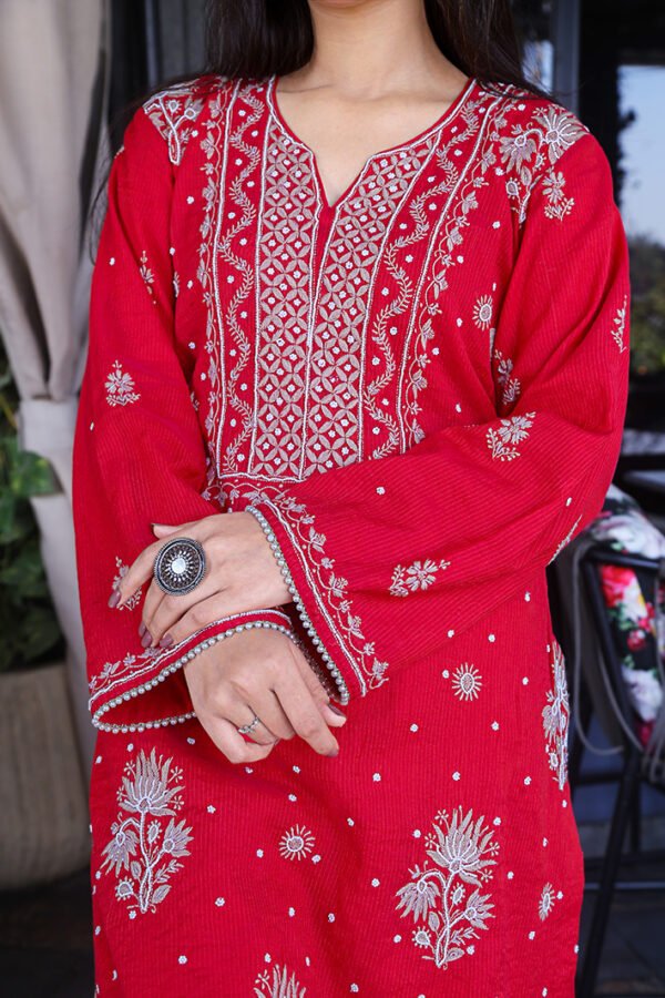 Red Mulchanderi Kurta Set With Pearl Work - Image 2