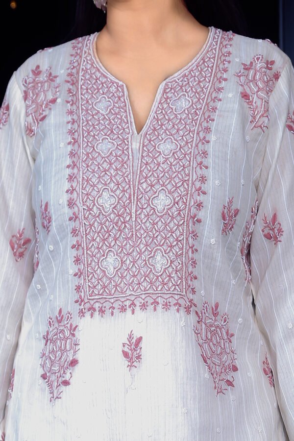 Off-white Chikankari Kurta Set With Delicate Pearl Embellishments. - Image 6